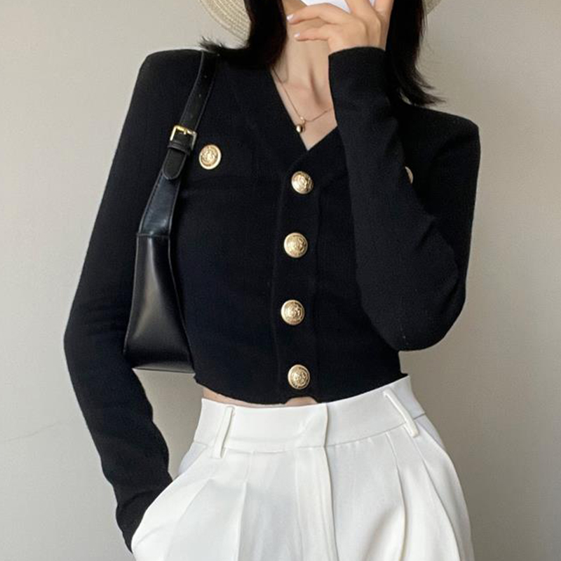 Crop Cardigan Vintage - Kardigan Rajut Depan Kancing Emas Jaket
