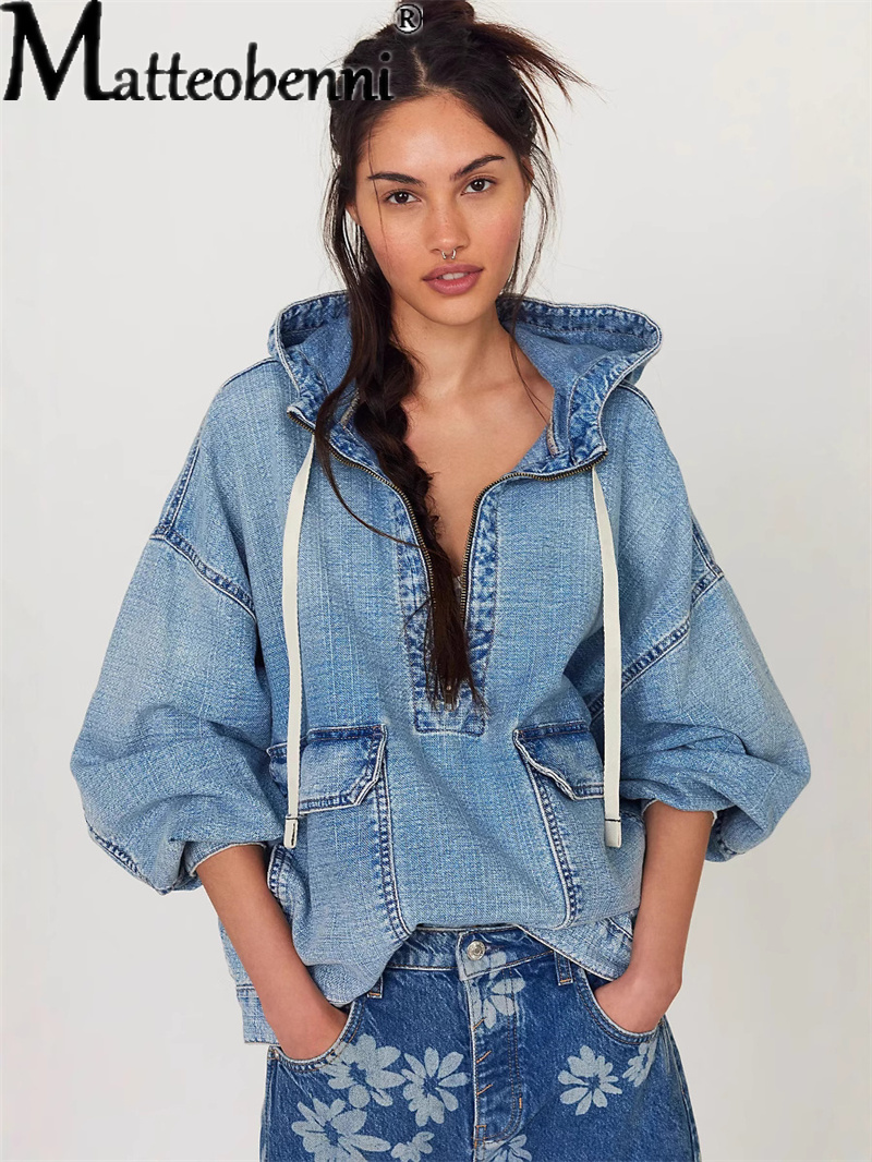 Vintage Fashion Drawings - Hoodie Denim Kasual Wanita Model Longgar