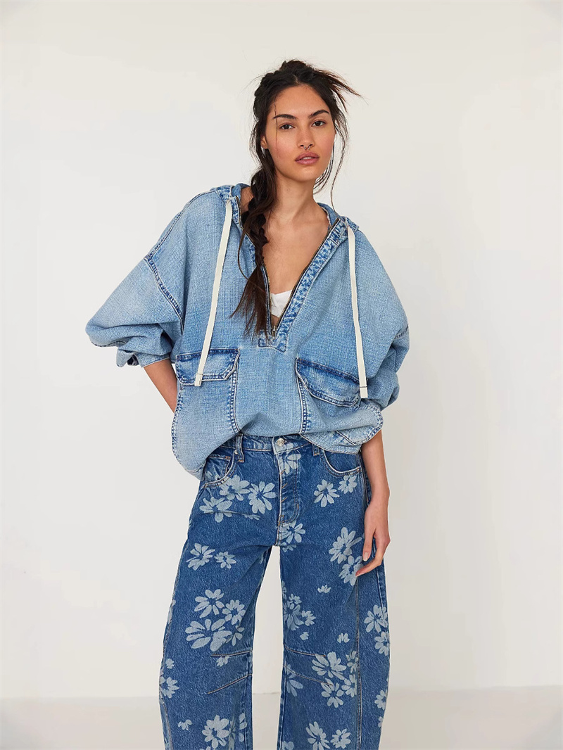 Hoodie Denim Kasual Wanita Mod - Vintage Fashion Drawings ulasan dan harga